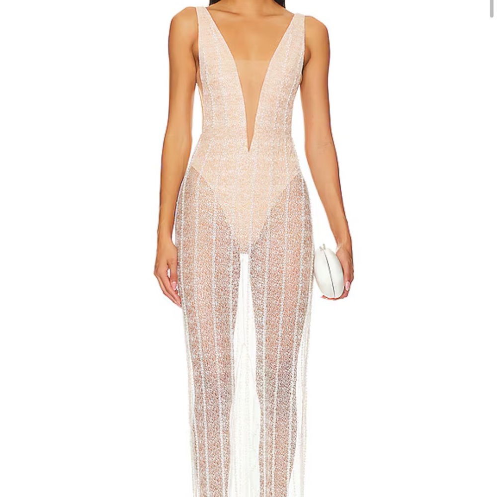 Revolve Camila Coelho Pearl Beaded Mesh Bodysuit Dress
